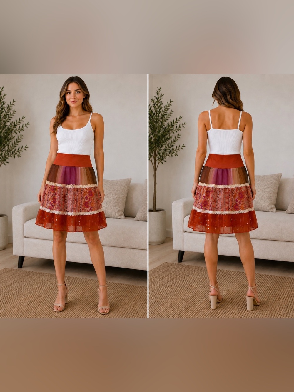 Speechless Rust and Multi-Tone Tiered Midi Skirt Tagged size Large